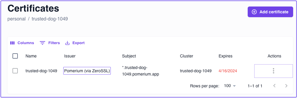 View cluster certificates from ZeroSSL